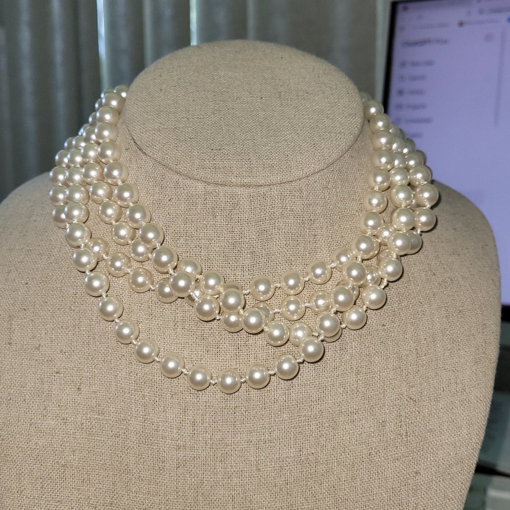 Vintage RMN Roman Double Strand Faux Pearl Necklace 30" Filigree Clasp